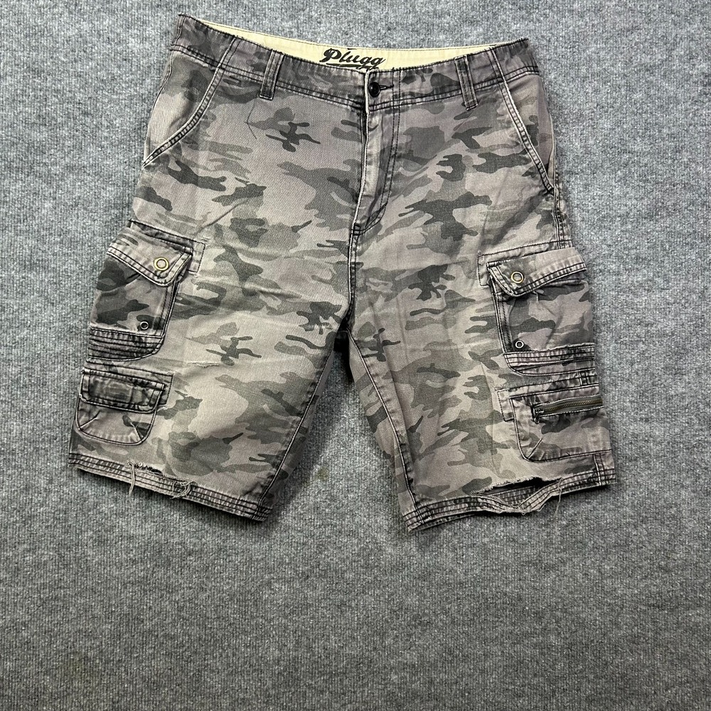 Vintage Plugg Cargo Shorts Men's Gray Camouflage Cotton Pockets Casual - 34